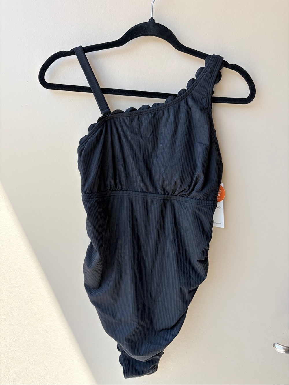 NWT CHARMO Women’s Small Black Ribbed One Shoulder Ruched One Piece Swimsuit